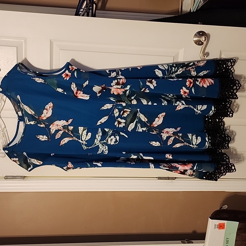 Donna Ricco Teal Blue Floral Midi Dress with Black Lace Trim